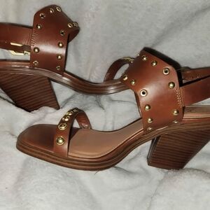 7.5 Vince Camuto Brown Leather Sandal Heels, Gold Buckle,OpenToe,Straps,Designer